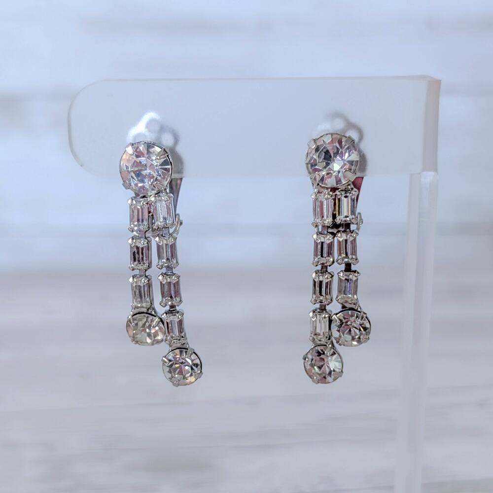 Vintage Clip On Earrings Clear Gem Dangle 1.5" Stylish